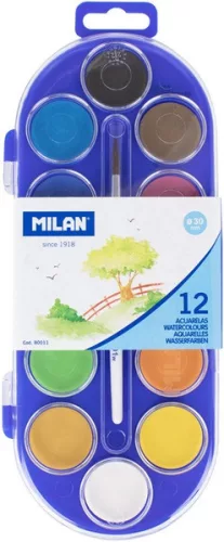 Vízfesték 30 mm, ajándék ecset  Milan 12 szín|30 mm, 80011