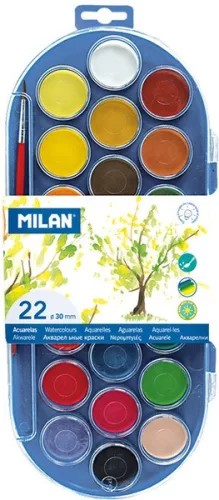 Vízfesték 30 mm, ajándék ecset Milan 22 szín|30 mm, 80022+ecset