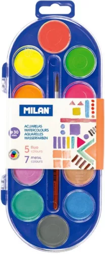 Vízfesték 30 mm, ajándék ecset Milan 12 szín|30 mm, 0531512,4 fluo+8 metál szín+ecset