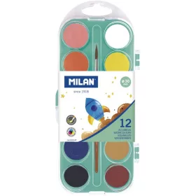   Vízfesték 30 mm, ajándék ecset Milan 12 szín|30 mm, 053312P, 12 szín+ecset