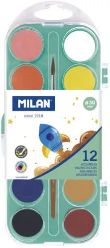 Vízfesték 30 mm, ajándék ecset Milan 12 szín|30 mm, 053312P, 12 szín+ecset