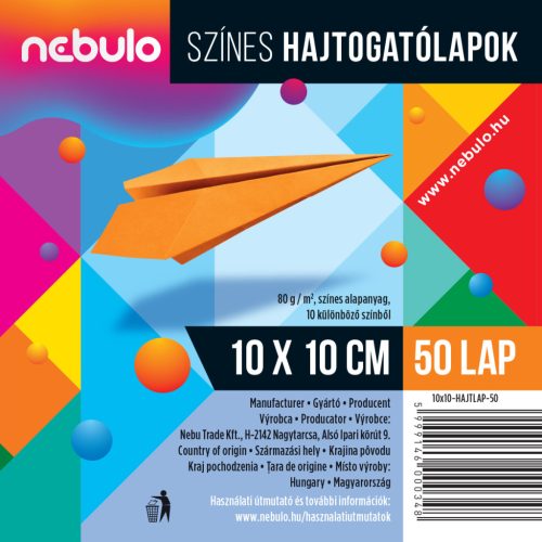 Origamipapír 10x10, 80g, vegyes színek, Nebulo 