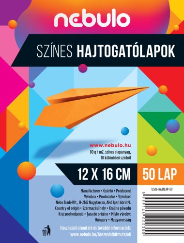 Origamipapír 12x16, 80g, vegyes színek, Nebulo 