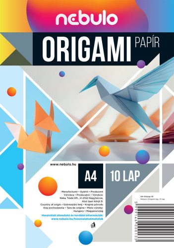 Origamipapír, A4, 10 lapos, 80g, vegyes színek, Nebulo 
