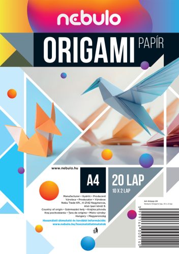 Origamipapír, A4, 20 lapos, 80g, vegyes színek, Nebulo 