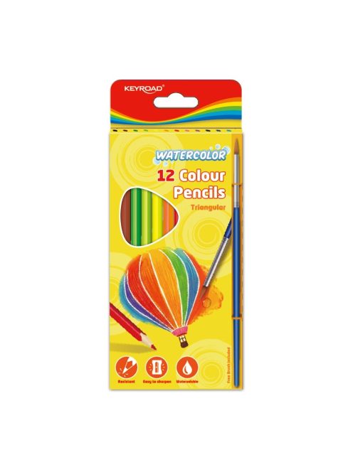 Színes ceruza készlet akvarell, háromszögletű ecsettel 12 db/bliszter Keyroad Aqua Fun vegyes színek